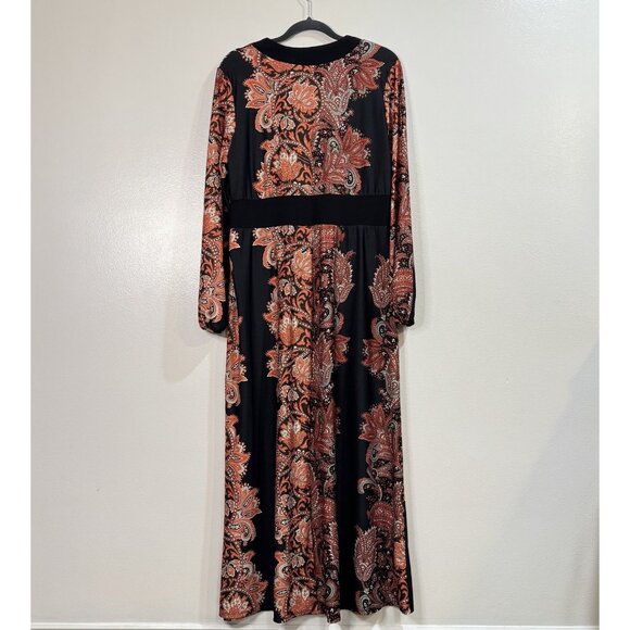 Vintage Y2K Antthony Maxi Dress L Paisley Orange Black Empire Long Sleeve V-neck - Picture 5 of 9
